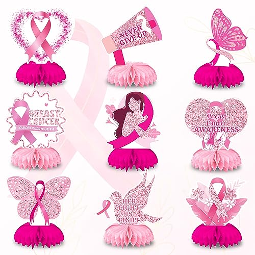 9 PCS Breast Cancer Awareness Honeycomb Table Centerpiece for Home Party, Fight Cancer Theme Pink Ribbon Breast Cancer Table Topper Centerpiece Decorations for Charity Party Supplies Table Decor