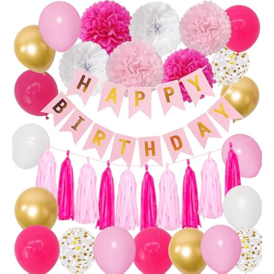 Hot Pink Birthday Party Decorations, Pink Gold White Confetti Latex Metallic Balloons With Happy Birthday Banner Paper Pom Poms Tassels Party Supplies For Mom Women Girls