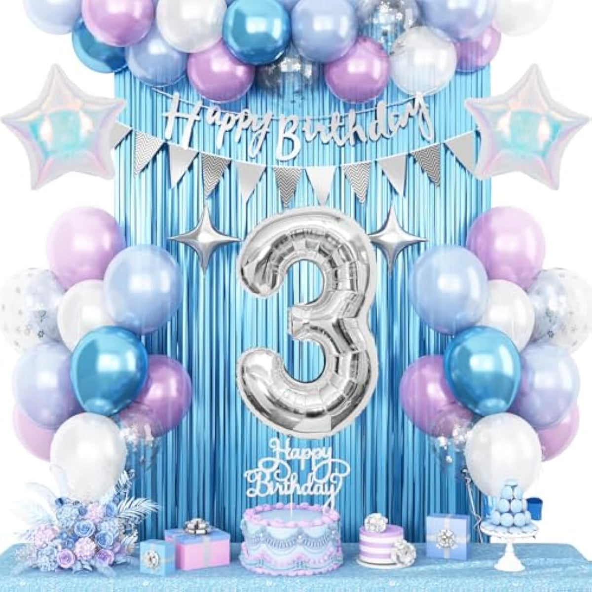 3Rd Snow Birthday Decorations For Girl, Blue Purple Balloons With Happy Birthday Banner Curtain Silver Number 3 Balloon Iridescent Star Foil Balloons For Girls Baby Shower Birthday Party Supplies