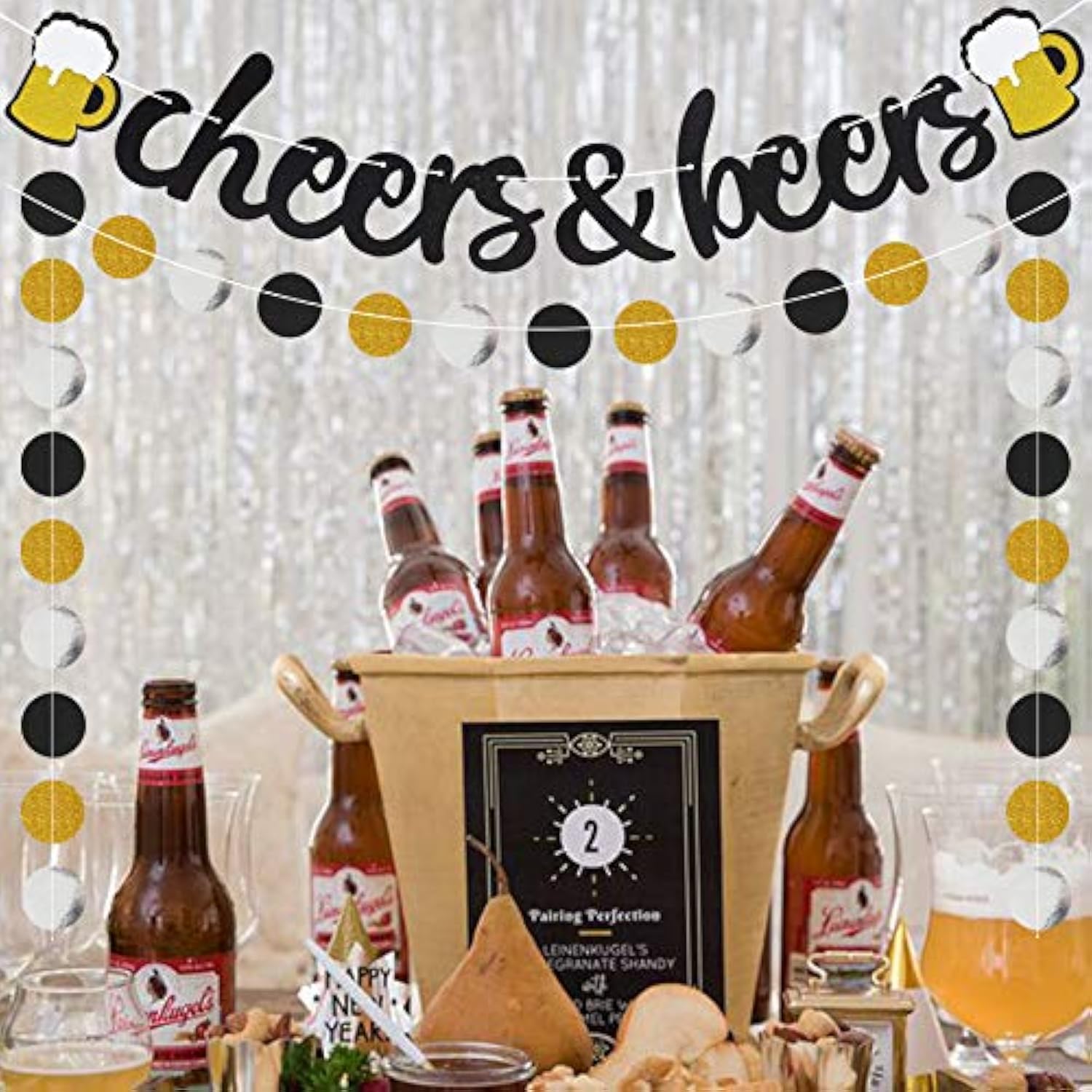 Cheers & Beers Banner Black Glittery Circle Dots Garland(57 Pcs Circle
