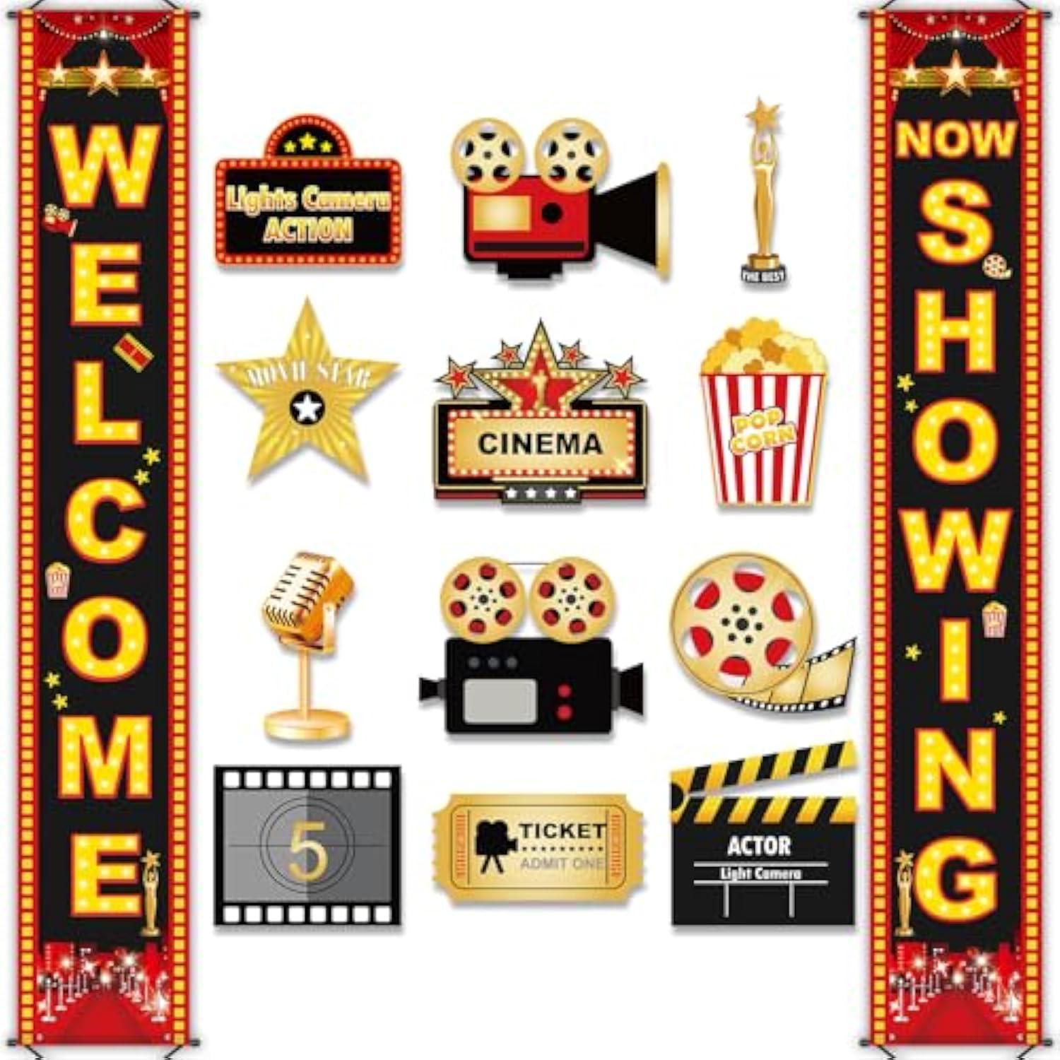 Movie Night Porch Sign Banner 12Pcs Movie Signs Cards For Home Film Backdrop Party Decoration Welcome Now Showing Door Hanging Banner Night Cutouts For Theater Photography Family Party Supplies