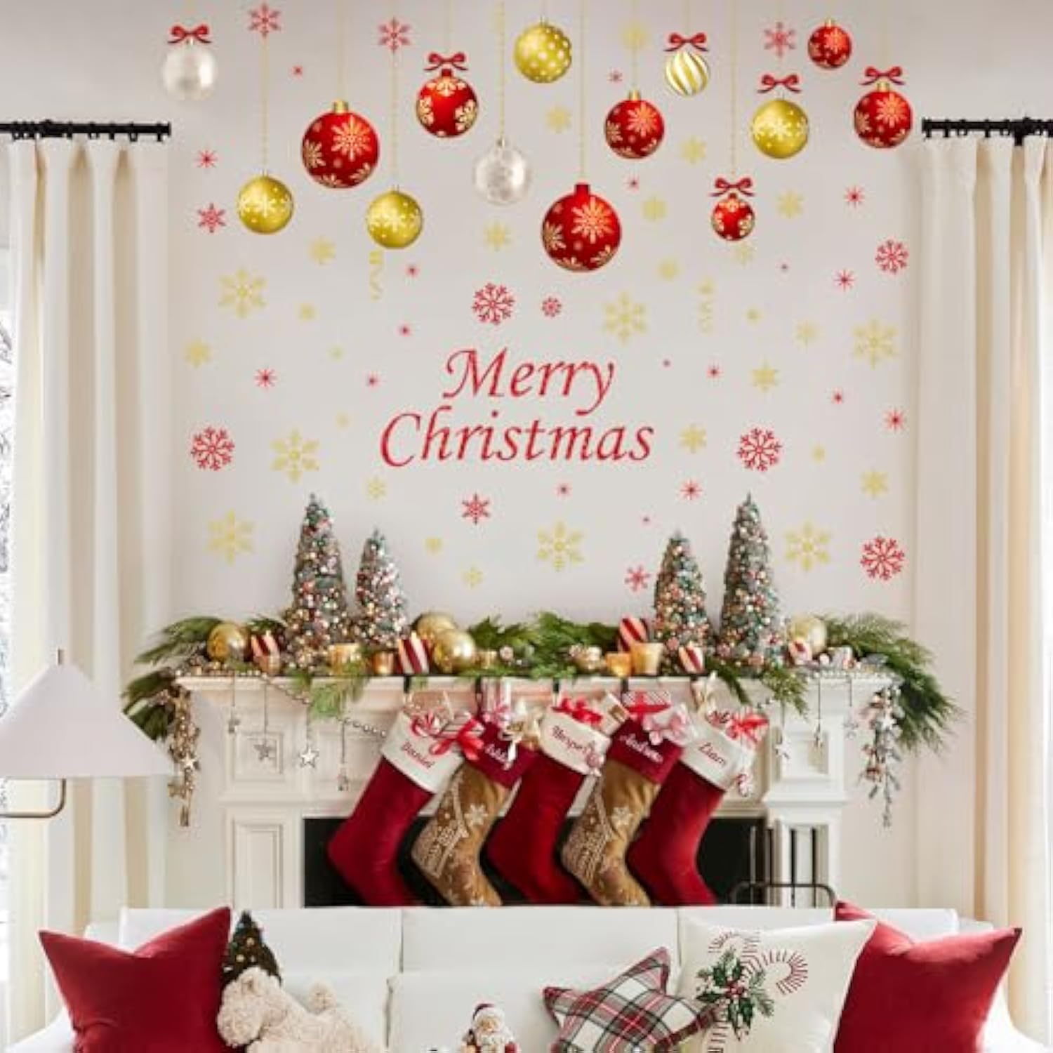 Christmas Wall Decals - 6 Sheets Removable Decorations, Stickers For Wall, Window, Refrigerator Door - Balls And Ornaments