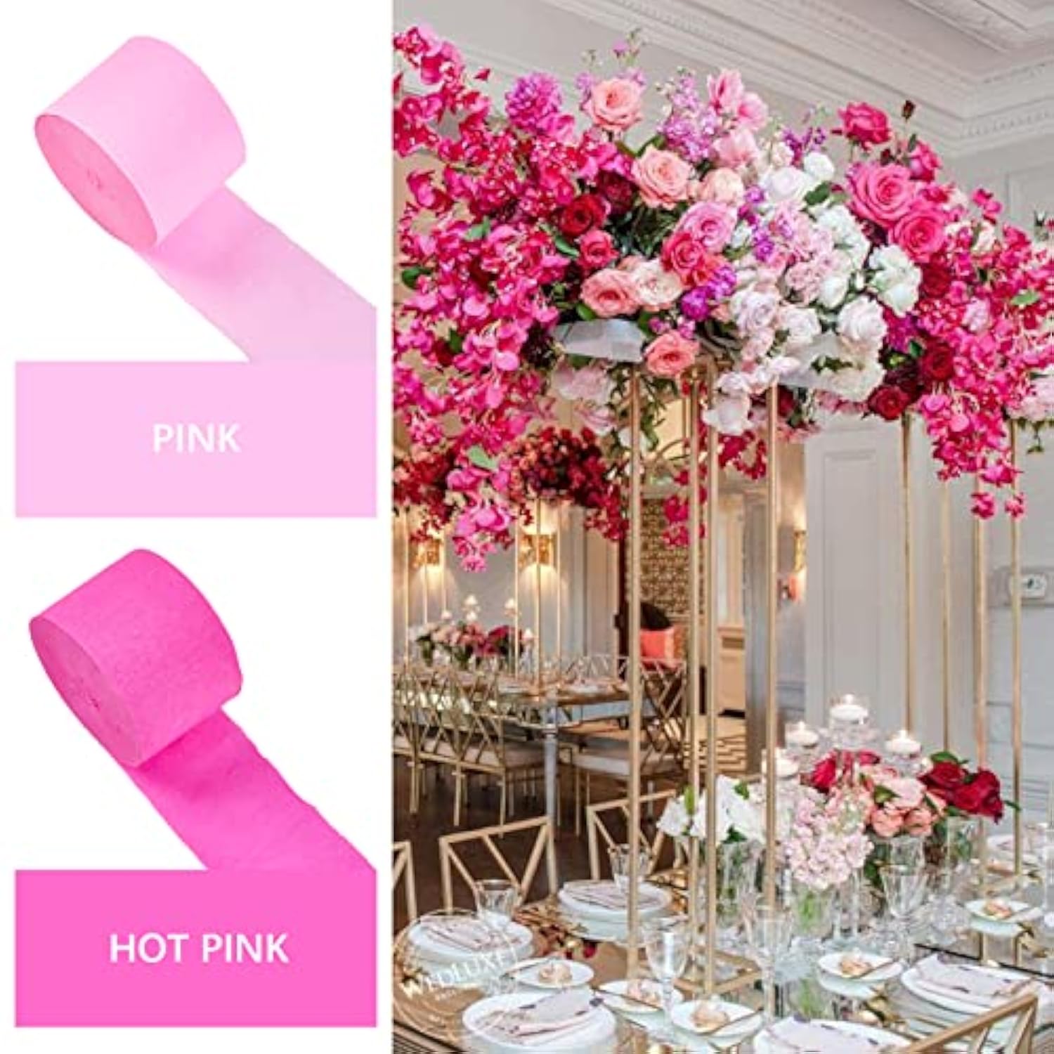 Crepe Paper Streamers 4 Rolls 328Ft, Pack Of Hot Pink And Pink Crepe Paper For Party, Wedding, Birthday, Baby Shower Decorations, Valentines Day Decorations (1.8 Inch X 82 Ft/Roll)