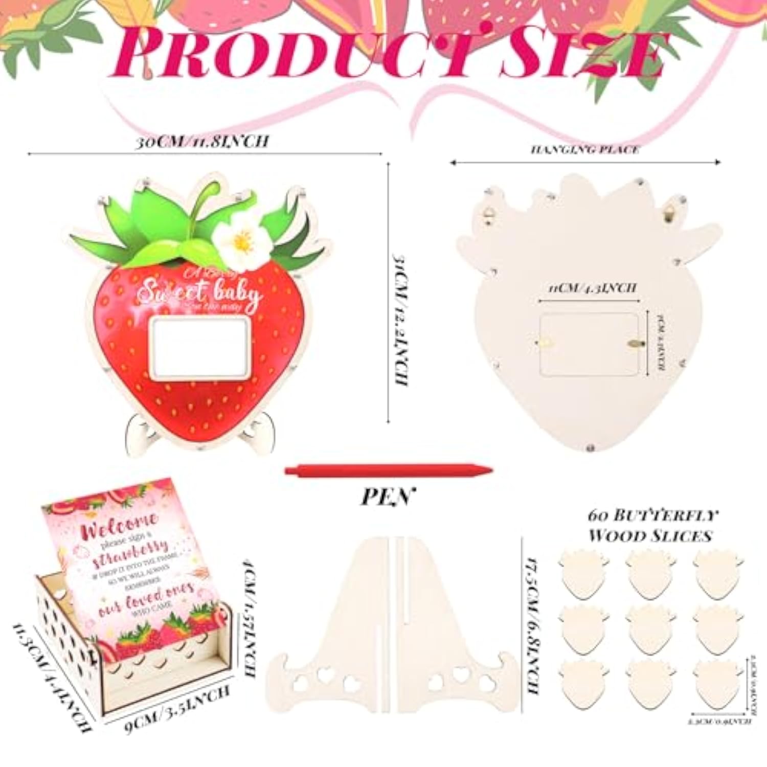 Baby Shower Guest Book Alternatives Strawberry - 63 Pcs Berry Sweet Baby Shower Decorations Guest Book - Strawberry Gender Reveal Decorations With Pen, 60 Wood Slices, Sonogram Photo Frame Keepsake For 60 Guests