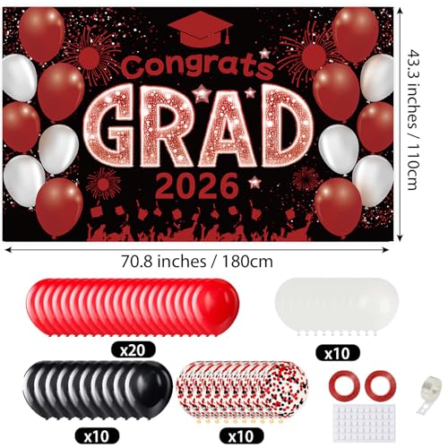 Red and Blcak Graduation Decorations Class of 2026 Banner with Balloons Arch Kit Set - Large 2026 Graduation Backdrop Decor, Red Congratulations Grad Balloons Grad Party Decorations