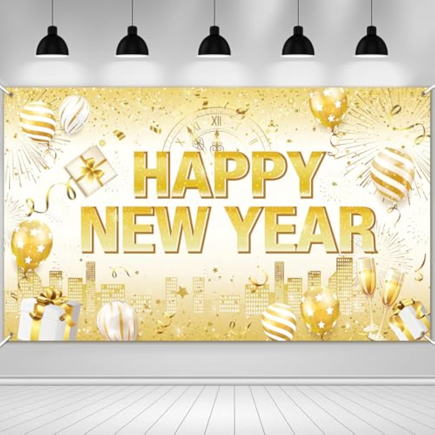White Gold Happy New Year 2026 Banner NYE Party Backdrop Decor