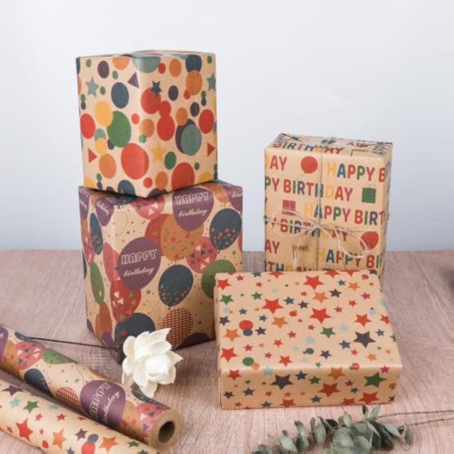 Colorful Happy Birthday Kraft Wrapping Paper Roll 17 Inch x 32.8 Feet