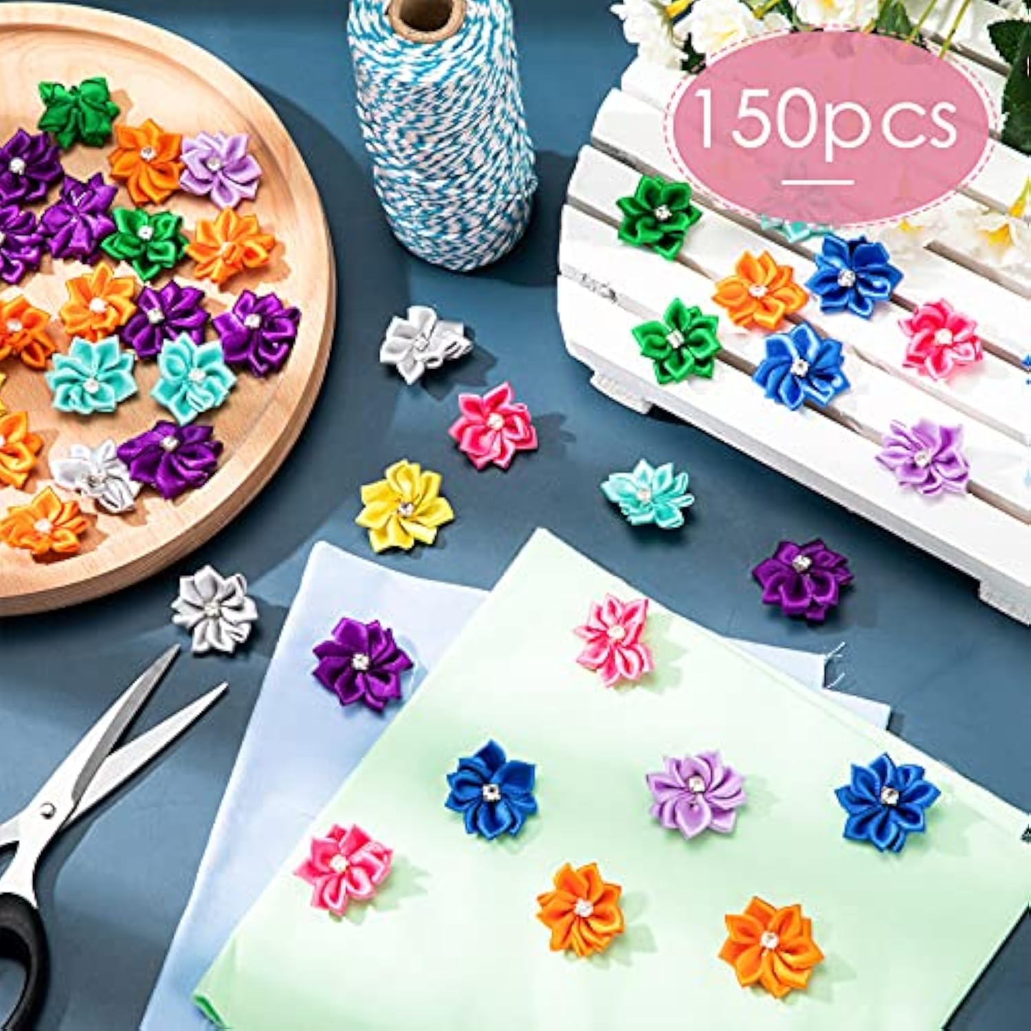 150 Pieces Satin Ribbon Flowers Small Flowers For Crafts 1.2 Inch Mini