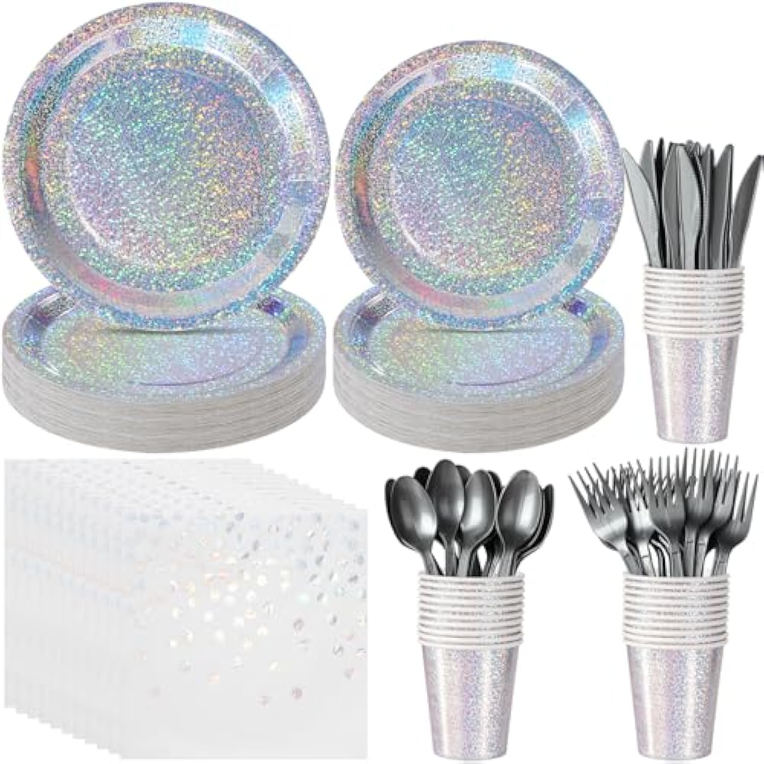 Iridescent Silver Party Supplies Decorations, Holographic Paper Plates And Napkins Set, Disposable Silver Paper Plates Cups Knives Spoons Fork Straw For Disco Bachelorette Birthday Party, Serve 50