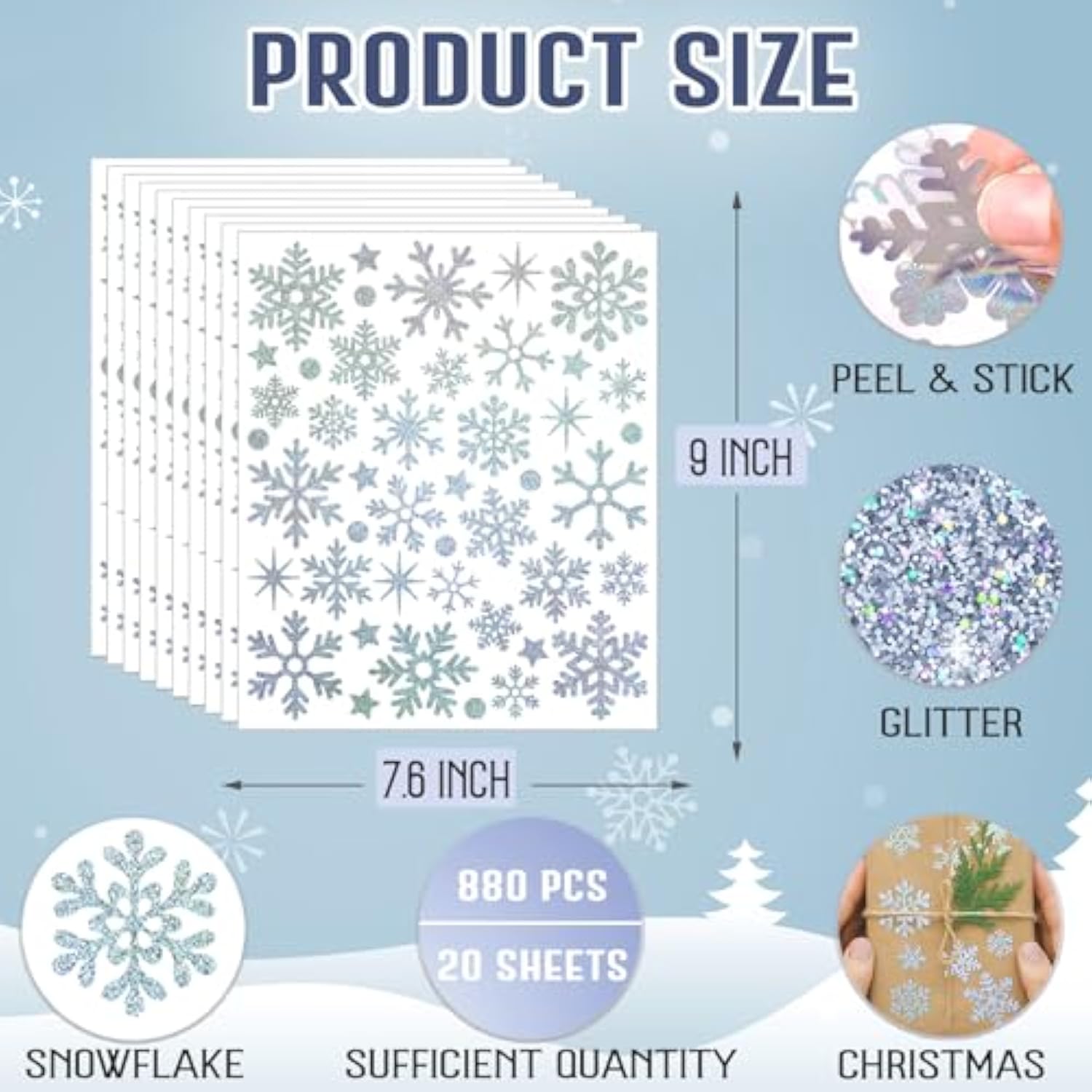 Christmas Envelope Seal Snowflake Sticker Glitter Xmas Winter Label Snowflake Dot Stickers Decals For Card Box Home Crafts Decoration (Silver, 20 Sheets)