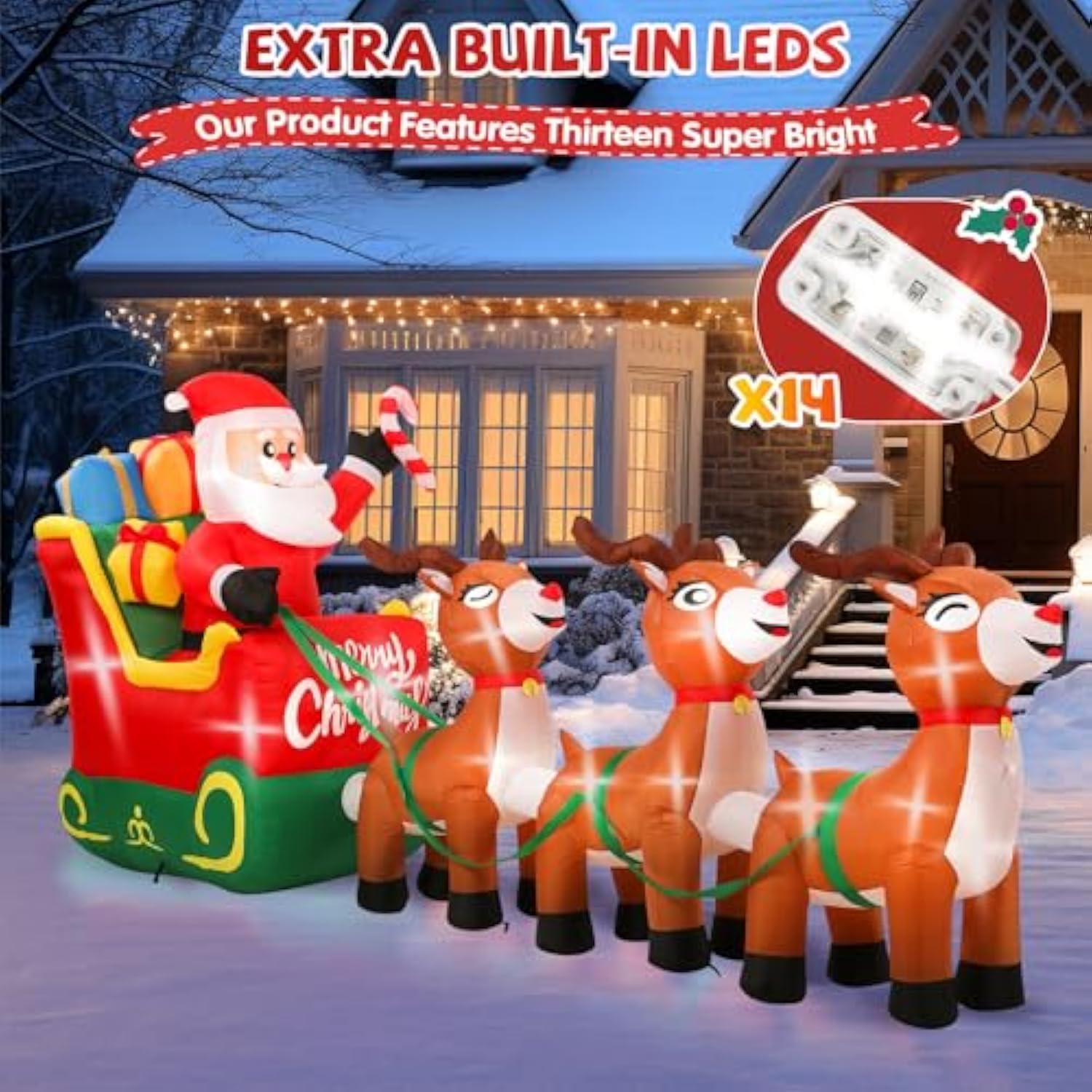 Christmas Inflatables, 12 Ft Santa Claus On Sleigh With Three Reindeer, Blow Up Inflatables With Built-In Leds, Candy Ca