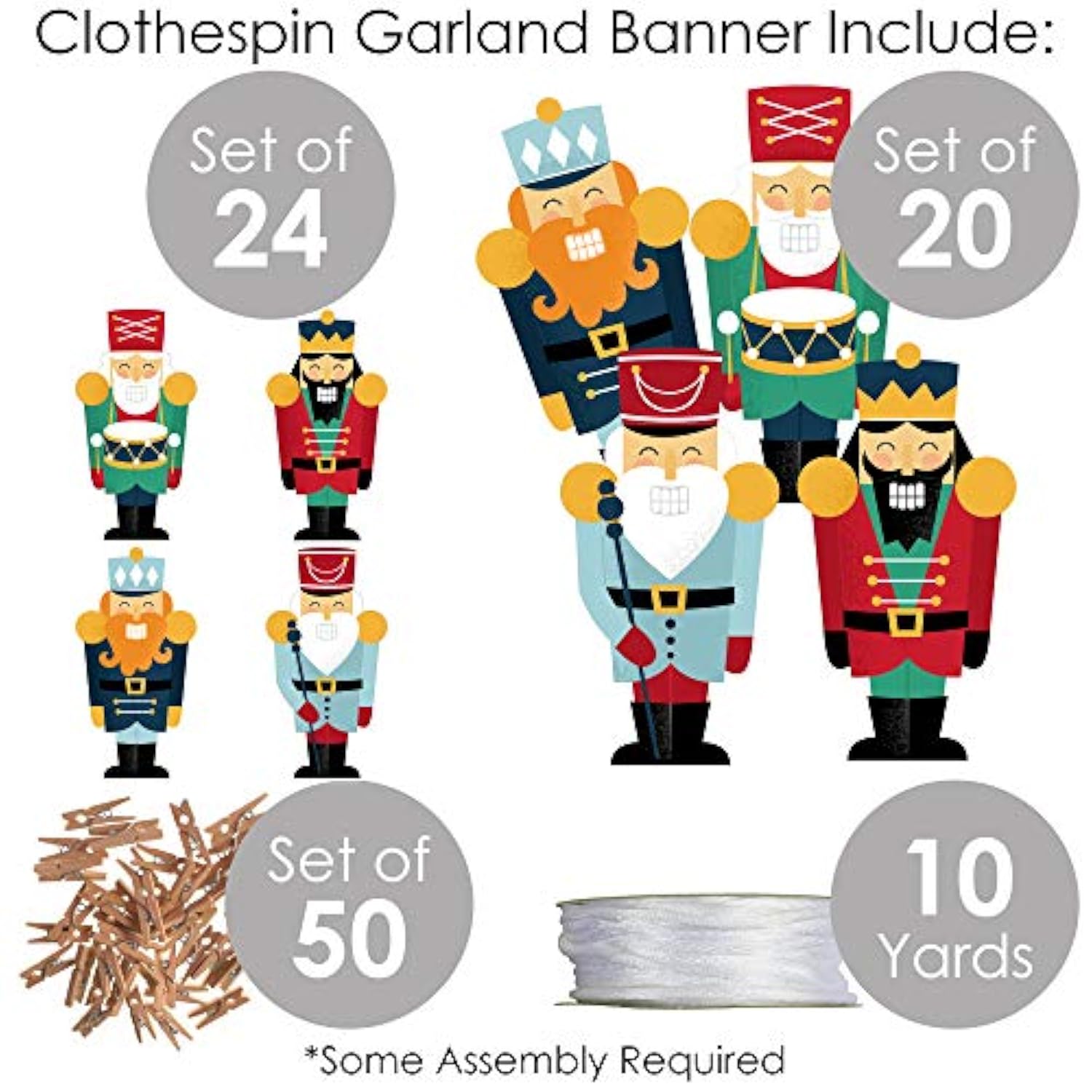 Christmas Nutcracker - Holiday Party Diy Decorations - Clothespin Garland Banner - 44 Pieces