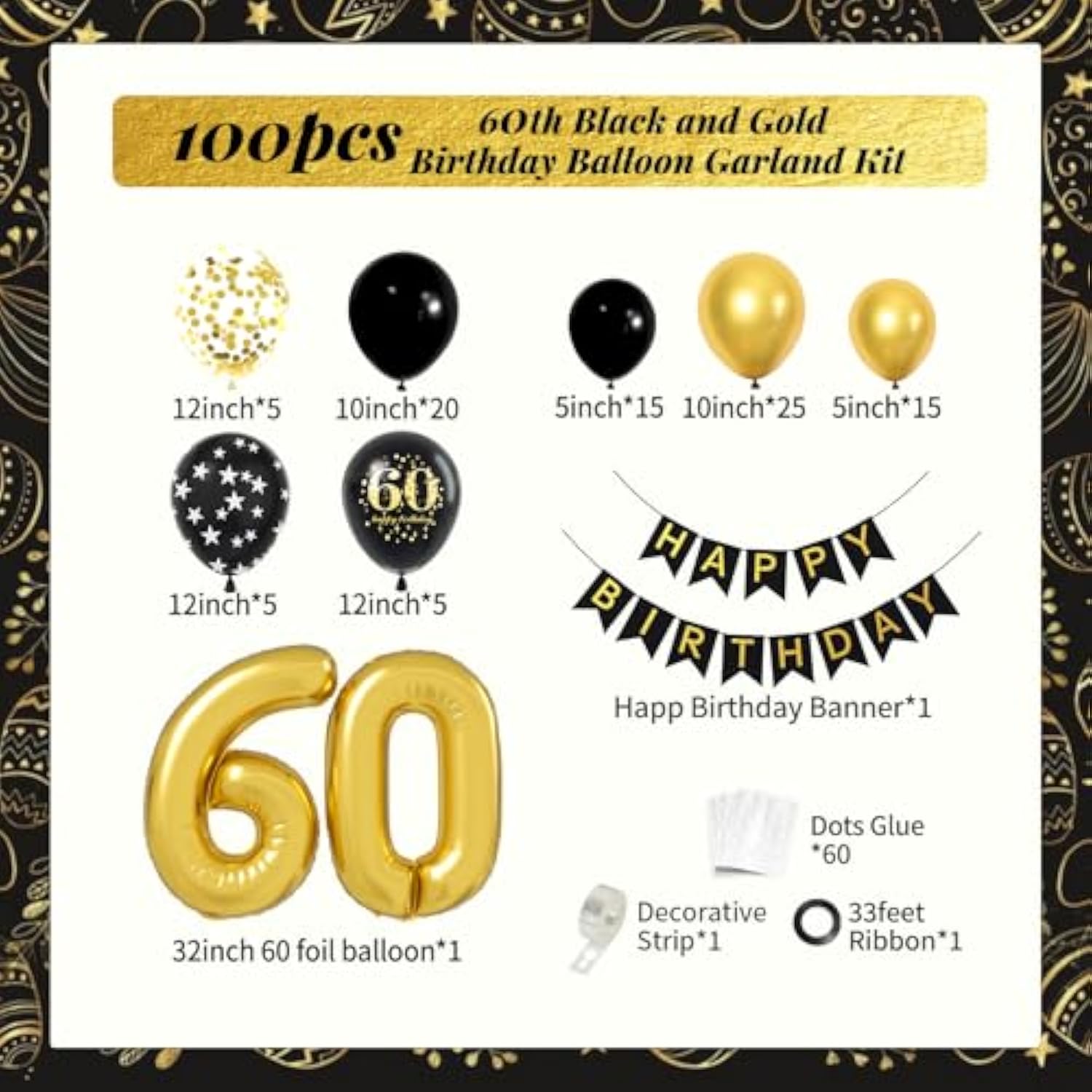 100pcs 60th Birthday Decor Kit – Banner, 60 Balloons, Black & Gold Theme