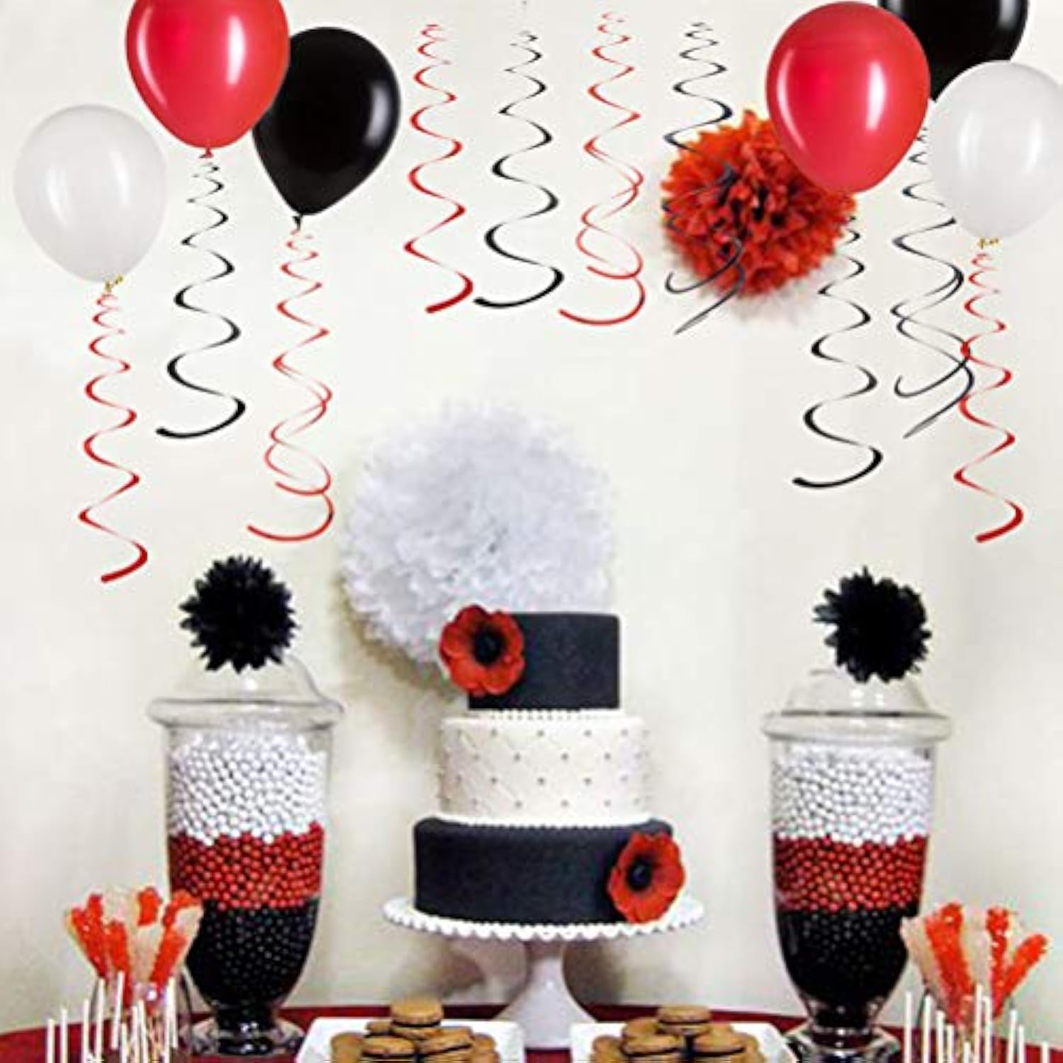 Black & Red Foil Swirl Hanging Decorations, 20 Pcs for Parties & Celebrations