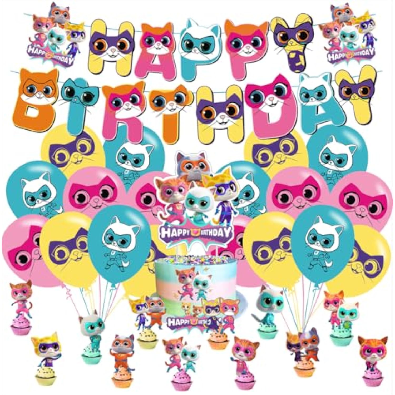 Super Cats Birthday Set – Banner, Toppers & Balloons for Kids Party Decor