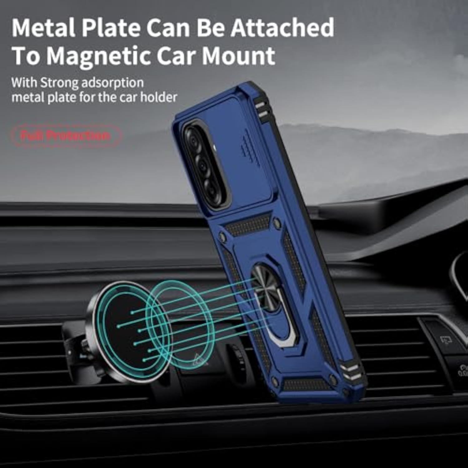 Samsung Galaxy A36 5G Case with Camera Lens Cover, 10 FT Military Grade Drop Protection, Magnetic Ring Holder Kickstand Protective Phone Case, Navy Blue