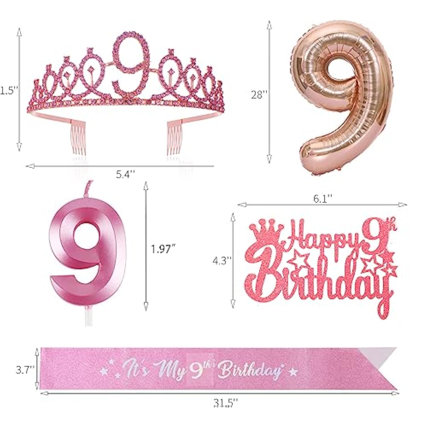 9Th Birthday Decoration For Girl - Sash, Rhinestone Crown, Cake Topper, Foil Balloon - Party Supplies (Rose)