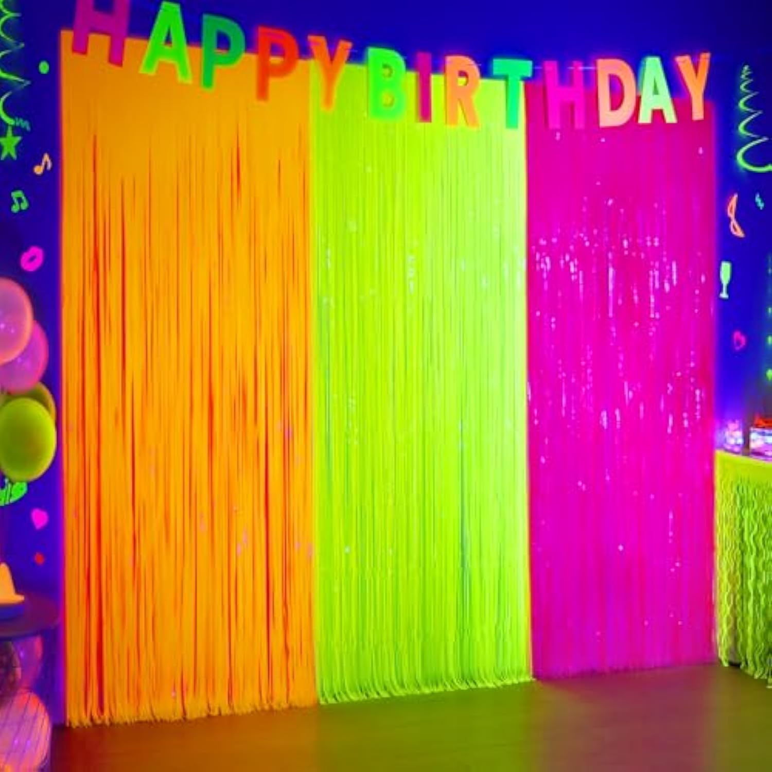 3 Pack Glow in the Dark Neon Tinsel Fringe Curtains 9.9x6.6 Ft Party Backdrop