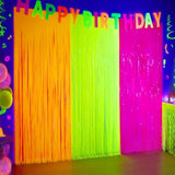 3 Pack Glow in the Dark Neon Tinsel Fringe Curtains 9.9x6.6 Ft Party Backdrop