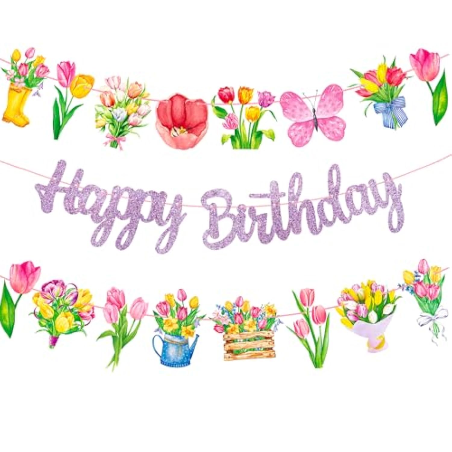 Tulip Birthday Party Banners 3Pcs Spring Floral Banner Purple Tulip Ecorations Spring Birthday Party Decorations For Flower Mom Happy Party Decoration