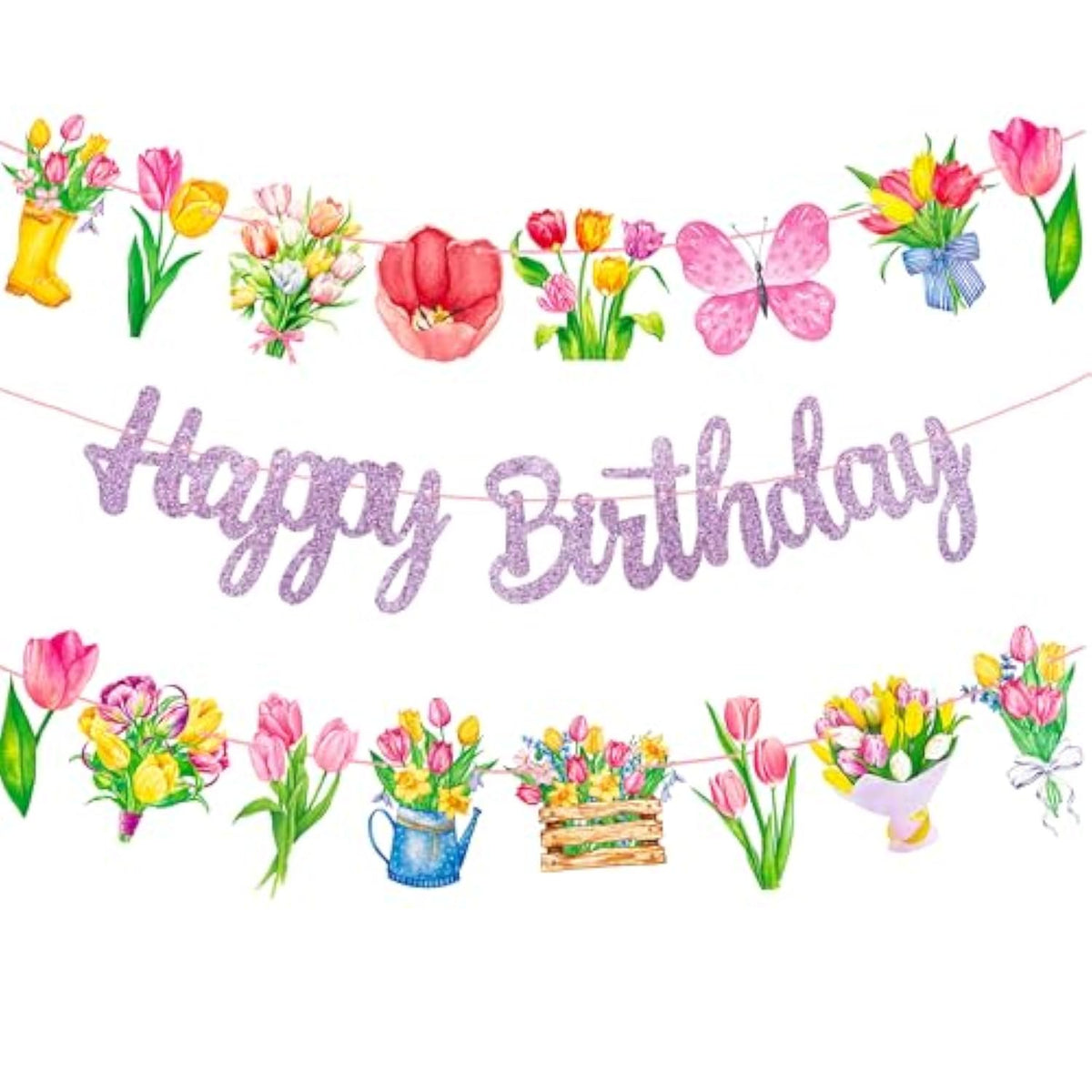 Tulip Birthday Party Banners 3Pcs Spring Floral Banner Purple Tulip Ecorations Spring Birthday Party Decorations For Flower Mom Happy Party Decoration