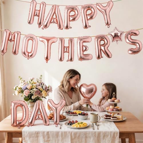 Happy Mother's Day Balloons, Rose Gold 16 Inches Mother Foil Letter Balloons with Star Heart Balloon for Mother's Day Mom Birthday Appreciation Baby Shower Family Celebration Party Decoration Supplies