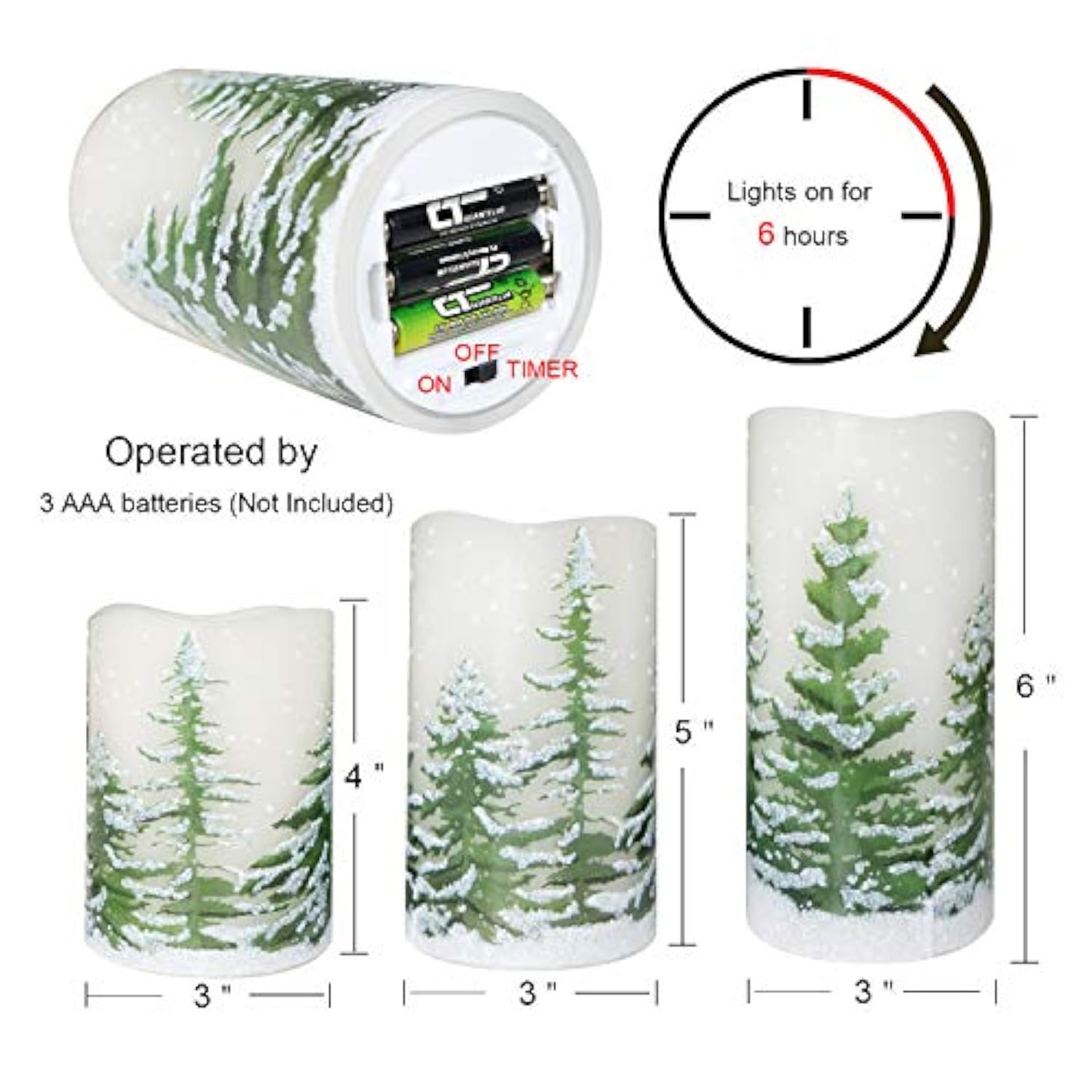 Flickering Flameless Pillar Candles With Timer, Battery Operated Real Wax Warm Light Christmas Tree Pine Tree Decal Candle For Home Decoration Christmas Gifts, Set Of 3(D3 X H4/5/6 Inch)