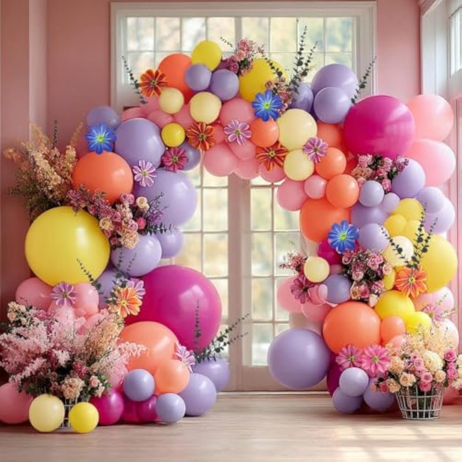Hot Pink Purple Balloon Arch Double Stuffed Balloons With Cosmos Artificial Flowers Eucalyptus Leaves Pastel Yellow Peach Magenta Latex Garland For Wildflower Birthday Baby Shower Wedding Party Decor