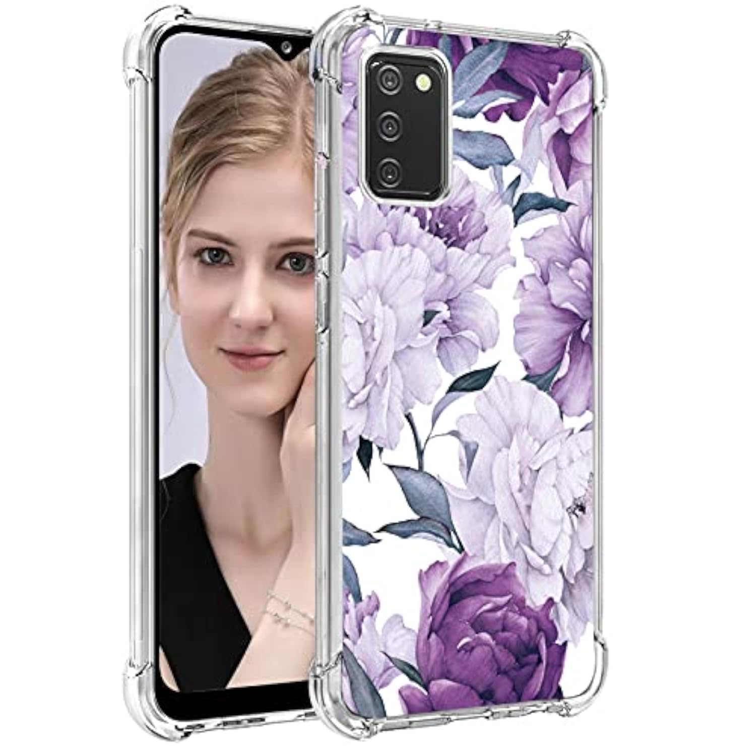 TPU Soft Rubber Four Corners Reinforced Anti-Fall Mobile Phone Case Cover for Samsung Galaxy A03S/Galaxy A02S, Purple Flower