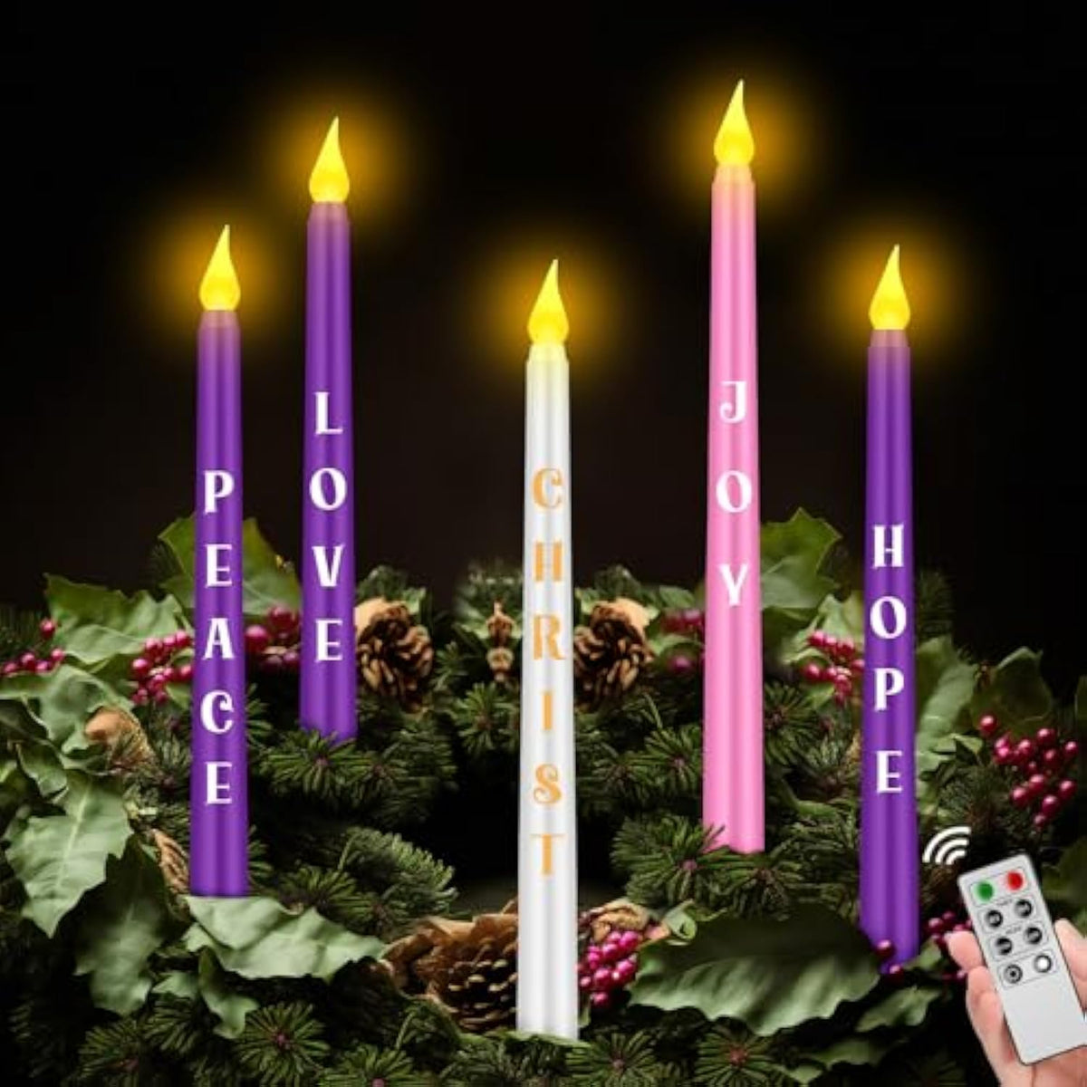 5 Pcs Led Flameless Advent Candle Set Christmas Candles With Words Joy Peace Christ Hope Love Seasonal Celebration Candles With Remote For Church Wreath, Battery Operated, Purple Pink White