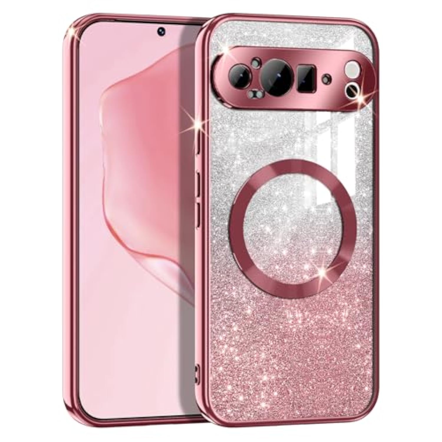 MagSafe-Compatible Google Pixel 9 Pro XL Case, Glitter Sparkle Shockproof, Rose Gold