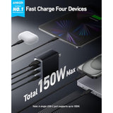 Anker 150W Max USB C Charger Block, 4-Port Compact Foldable GaN Charger for MacBook, iPhone 16 and More Series, Dell and More
