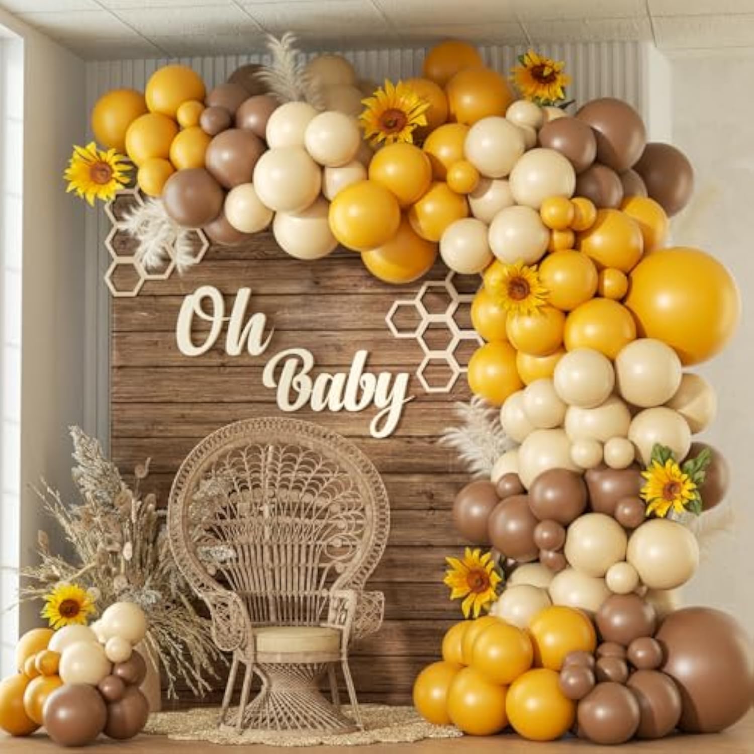 140pcs Bee Balloon Garland Kit with Brown Yellow White Balloons for Baby Shower