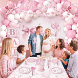 238 Pcs Pink Bow Baby Shower Decorations, All-In-One Party Pack For 20 Guests, Includes Tableware, Backdrop, Banner, Balloons And More For Bow Themed Baby Shower Decorations