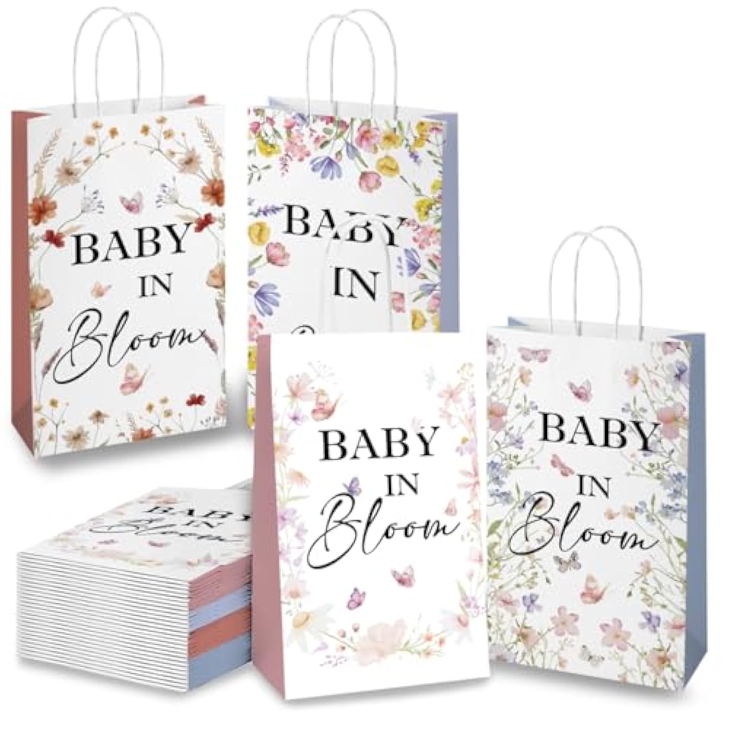 16-Pack Bloom Wildflower Gift Bags 8.6x5x3.7 Inch Boho Baby Birthday Party