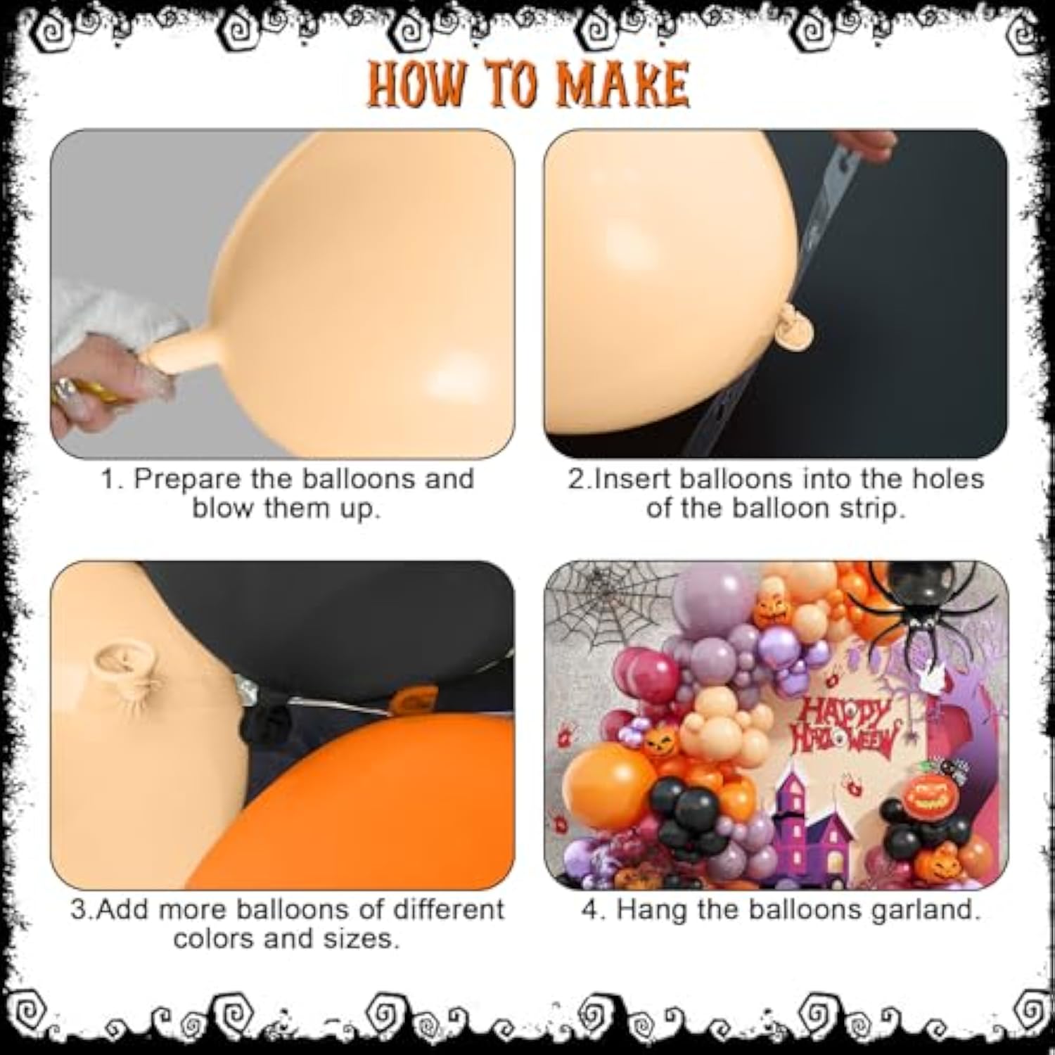 128Pcs Halloween Balloon Arch Kit - Orange, Purple, Black with Spider & Pumpkin Balloons