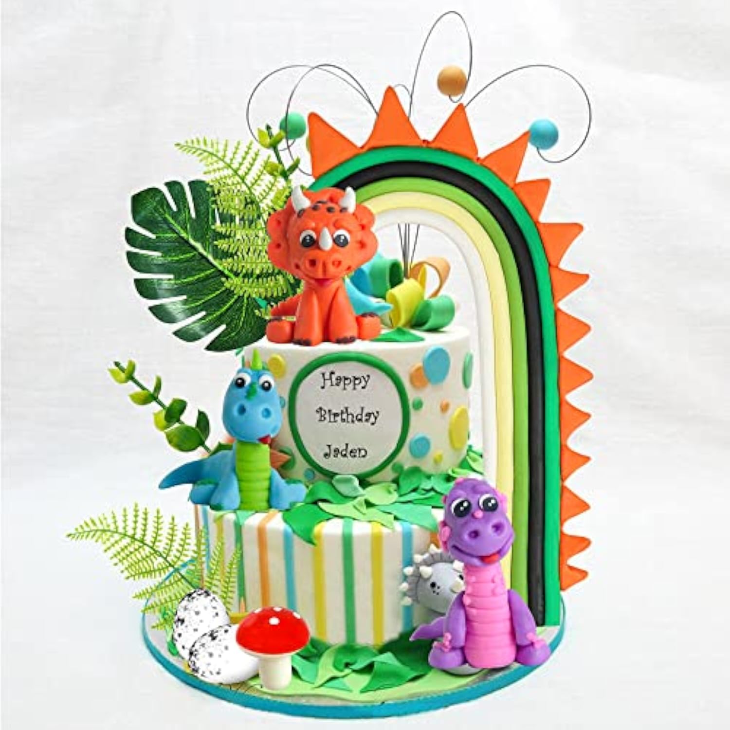Clay Rainbow Dinosaur Cake Toppers w/ Eggs & Leaves Jungle Safari Party Decor