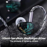 Kiwi Ears Cadenza 10Mm Beryllium Dynamic Driver Iem 3D Printed With Detachable Interchangeable Plug 0.78 2Pin 3.5Mm Iem Cable For Musician Audiophile (Green)