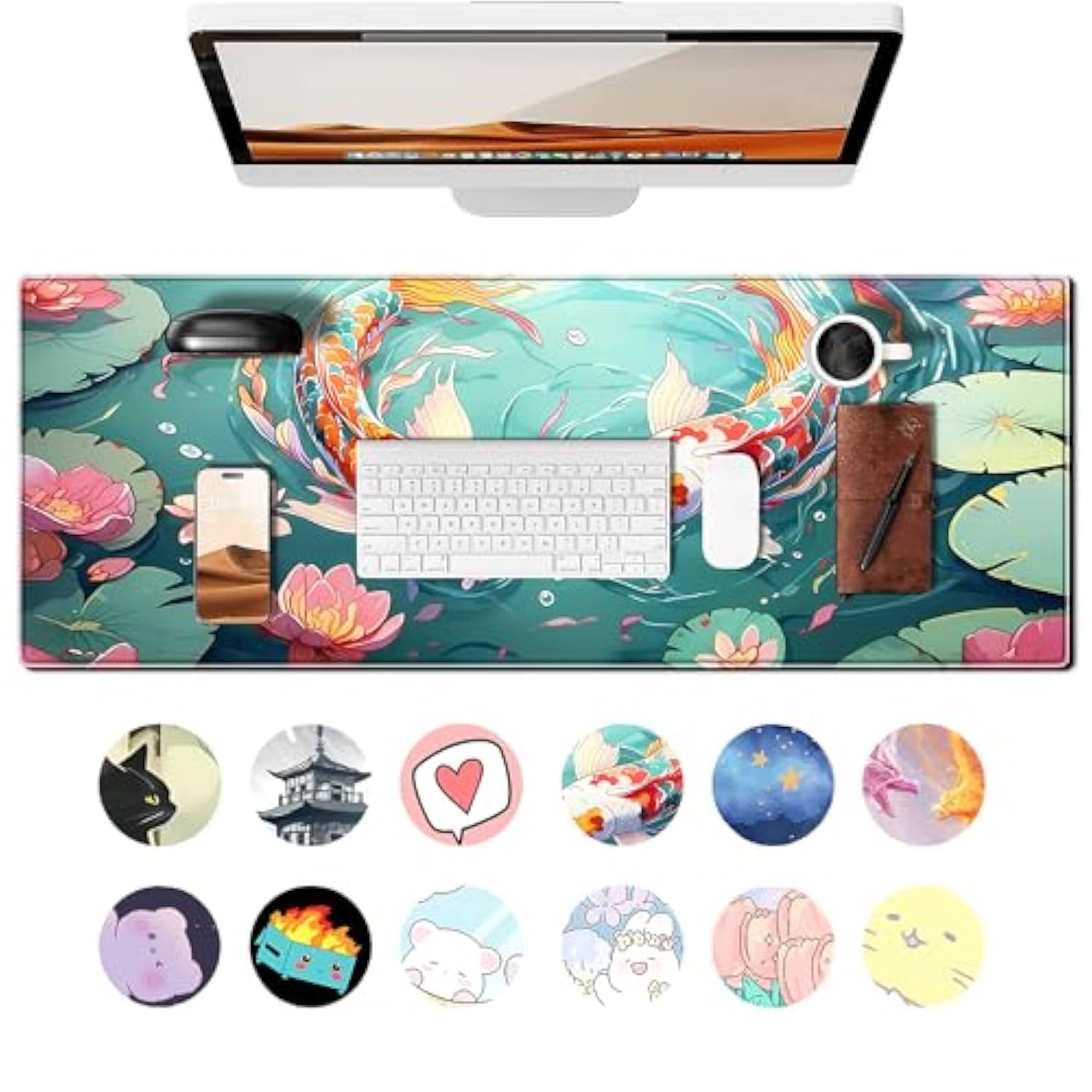 Anime Koi Carp Gaming Mouse Pad Colorful Koi Fish Large Desk Mat, 31.5X11.8 Inch Mousepad Extended Non-Slip Rubber Base Keyboard Mat With Stitched Edges For Desk Home Office