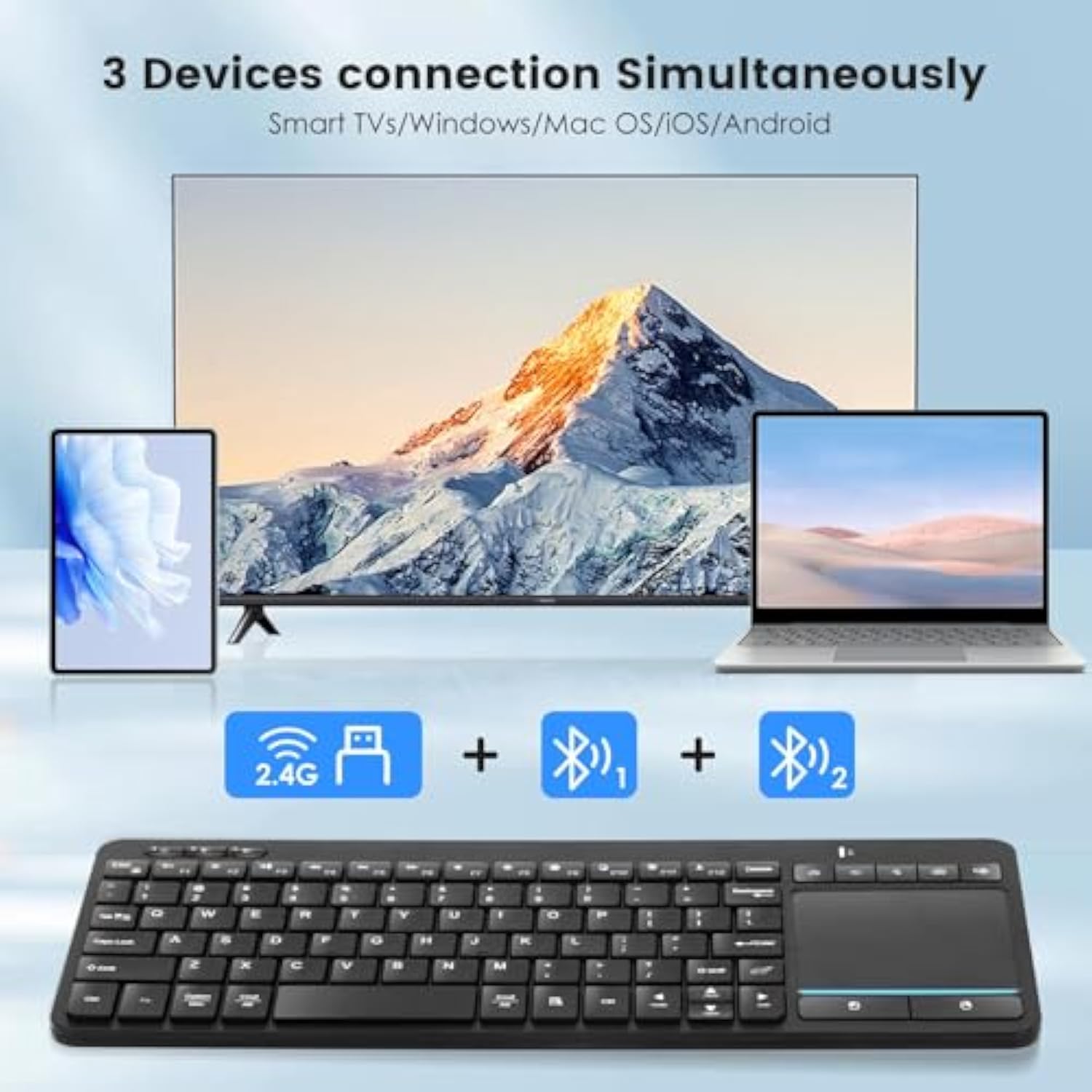 Multi-Device Wireless Bluetooth Keyboard With Touchpad-Wireless Keyboard With Multi-Touch Big Size Trackpad,Support 3 Devices For Pc,Windows, Android, Chrome Os, Laptop, Tablet