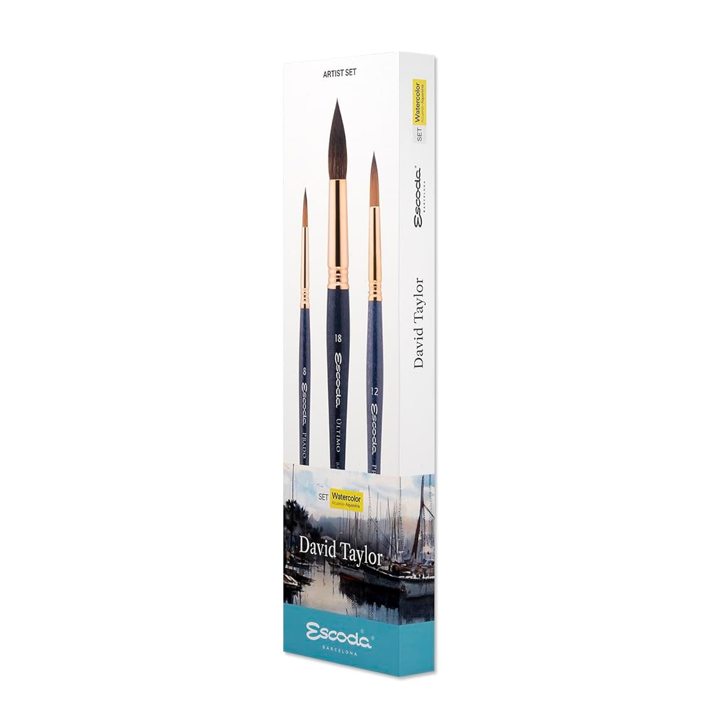Escoda | Watercolour | Artist Set David Taylor | Size 8,12,18 | 3 Brushes | Synthetic Tendo + Tame | Round pointed