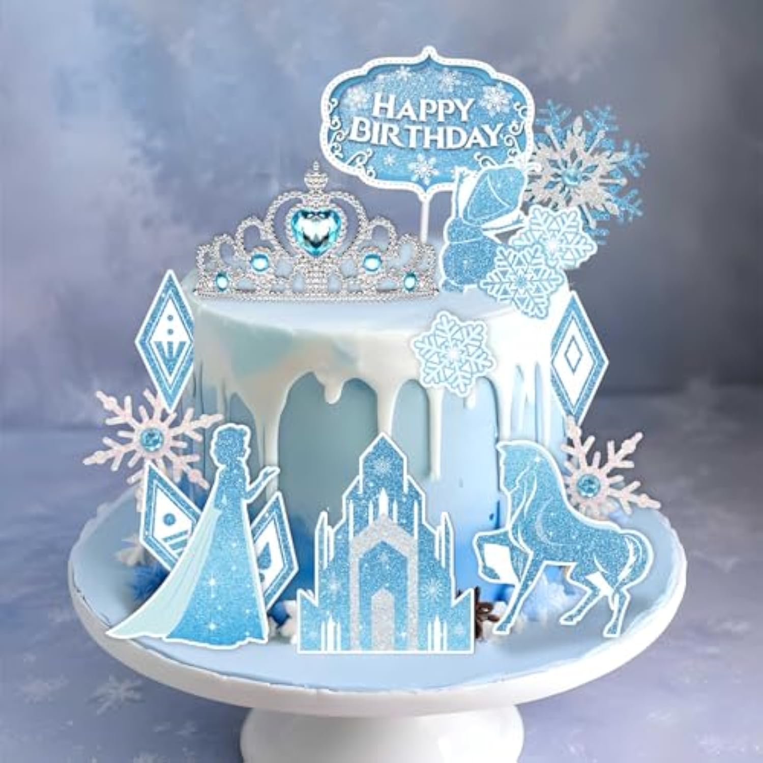Ice Princess Cake Toppers- 16 Pcs Snow Theme Princess Cake Decorations With Castle, Crown, Snowflake Castle Birthday Cake Topper For Girls Kids Baby Shower