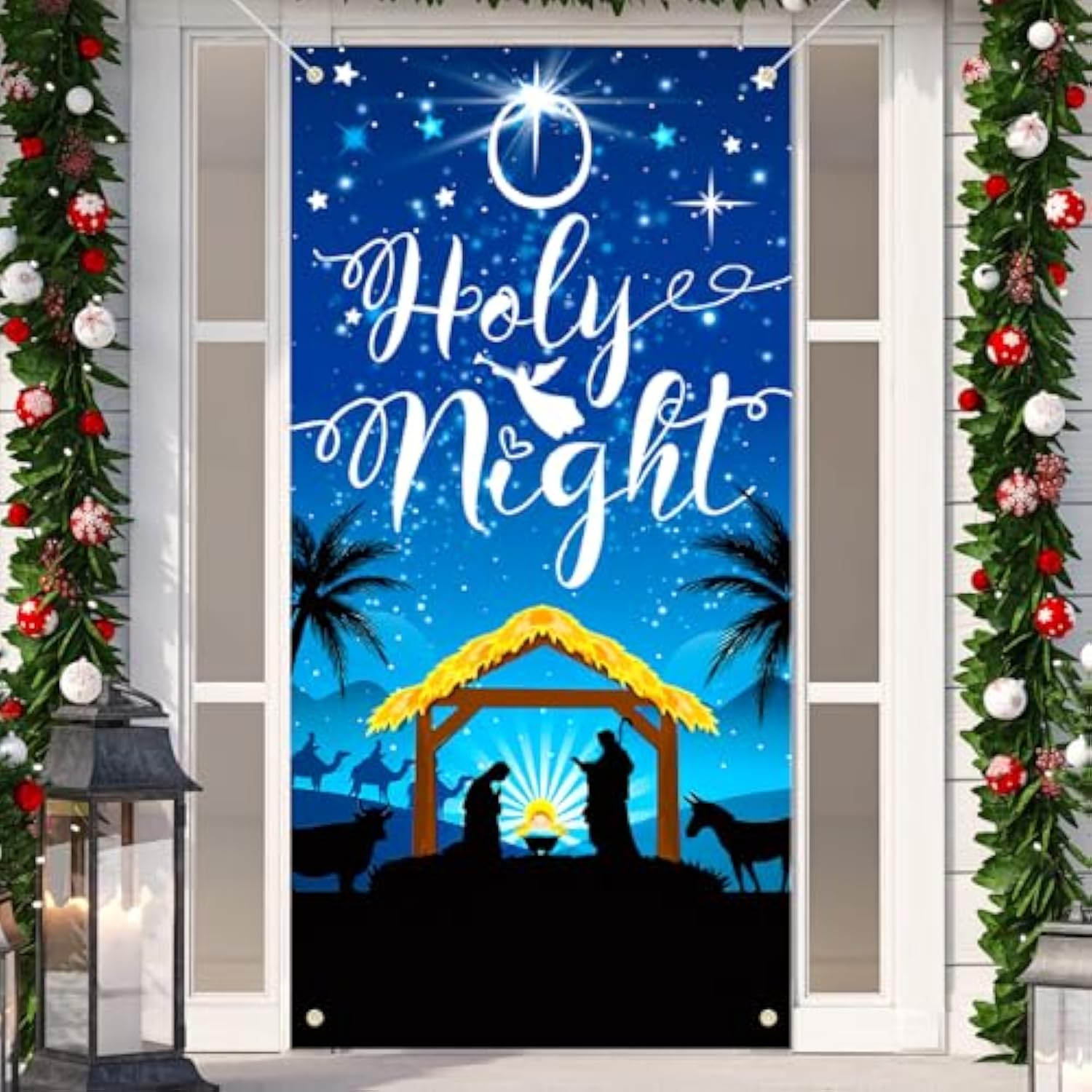 Christmas O Holy Night Door Cover - Navy Blue Nativity Scene Banner For Xmas Party Supplies