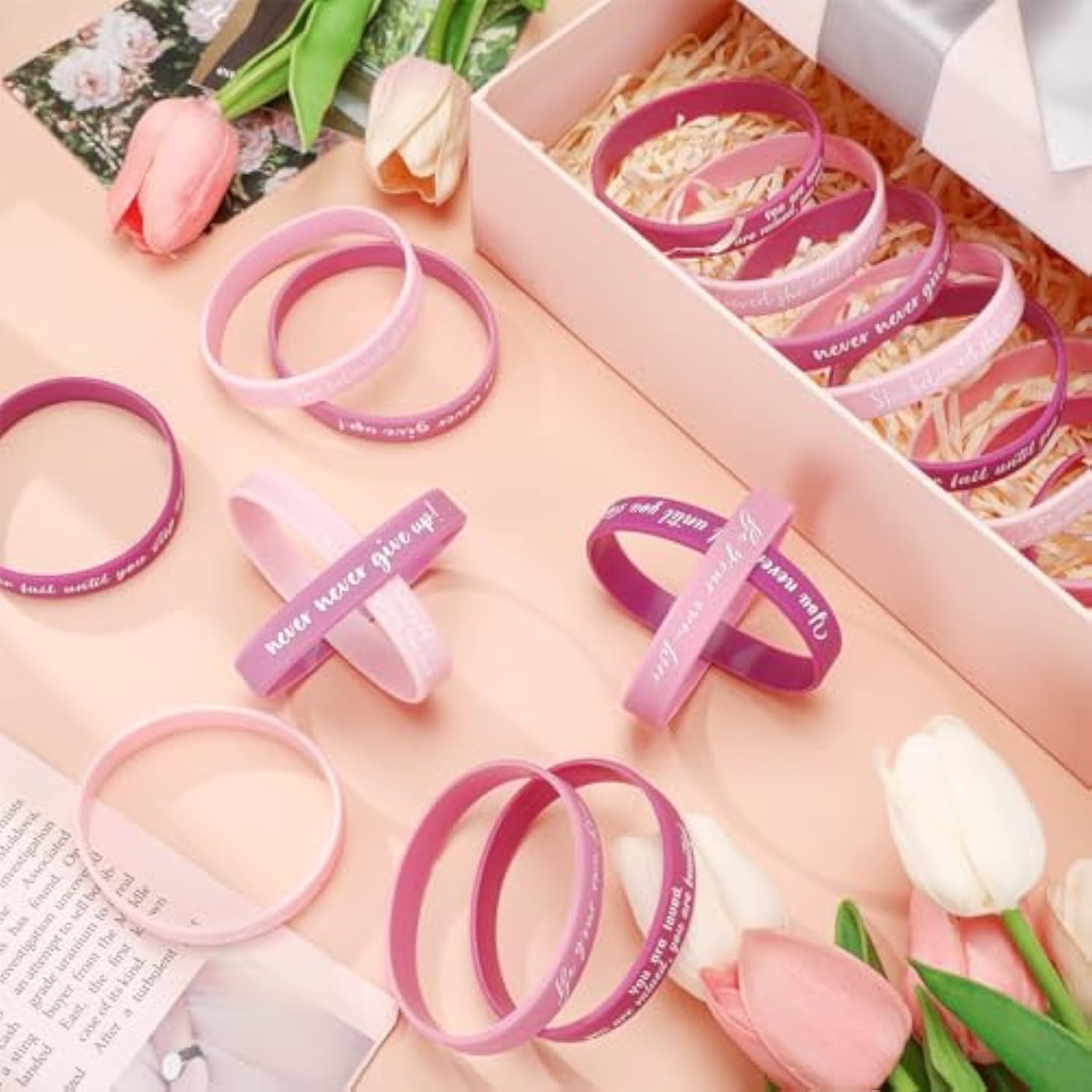 30 Pcs Motivational Quote Rubber Wristbands Inspirational Silicone Bracelets Stretch Unisex Wristbands For Women Men Graduation Gifts(Pink)