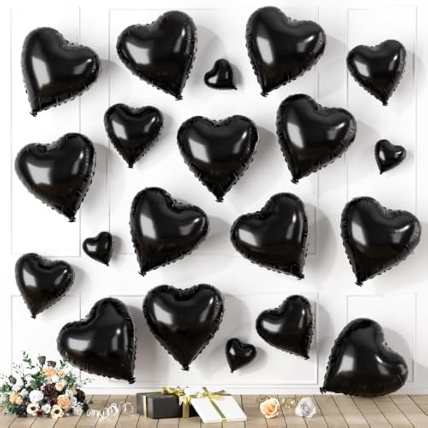 20-Pack Black Heart Foil Balloons in Multiple Sizes for Weddings, Valentine’s & Events