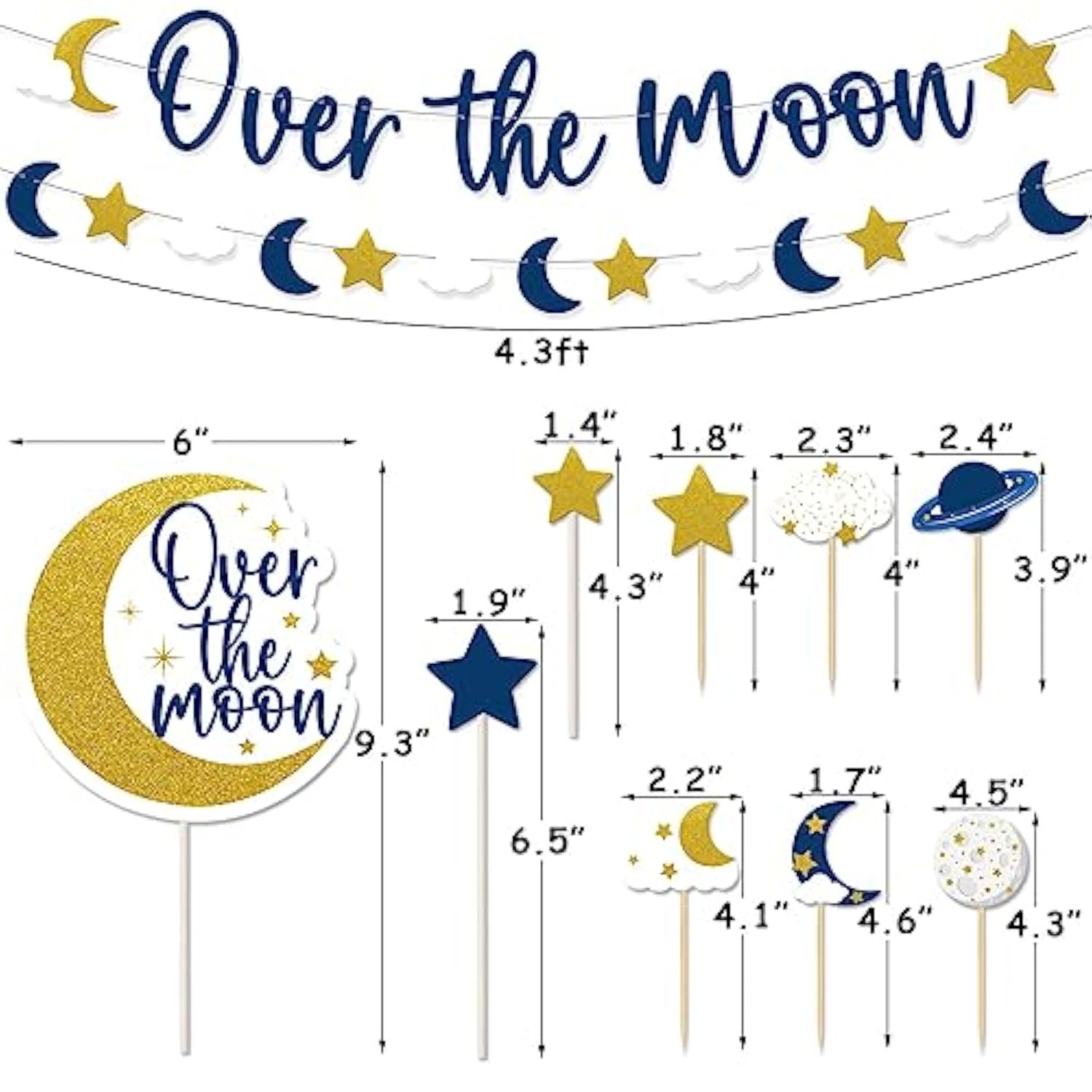 Over The Moon Baby Shower Decorations Space Party Banner Moon Star Cake Cupcake Toppers Navy Blue Gold Balloons For Twinkle Twinkle Little Star Outer Space First Birthday Supplies