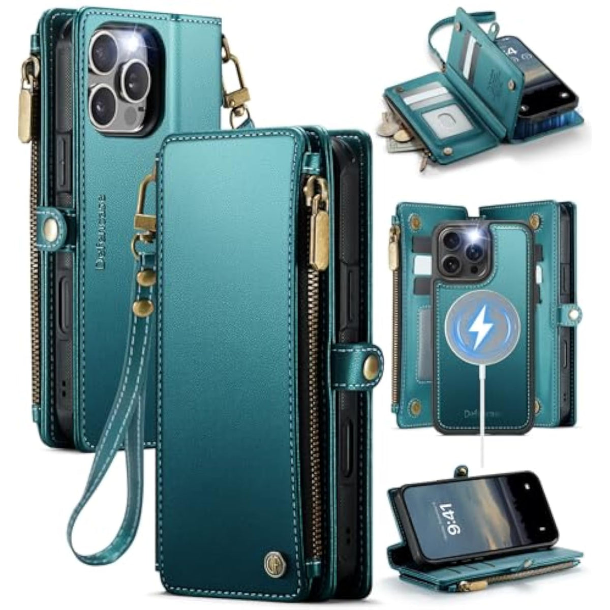 For Iphone 16 Pro Magnetic Wallet Case Compatible With Magsafe With Rfid Blocking Zipper Strap Card Holder For Women Men Pu Leather Detachable Case For Iphone 16 Pro (6.3 Inches), Blue Green