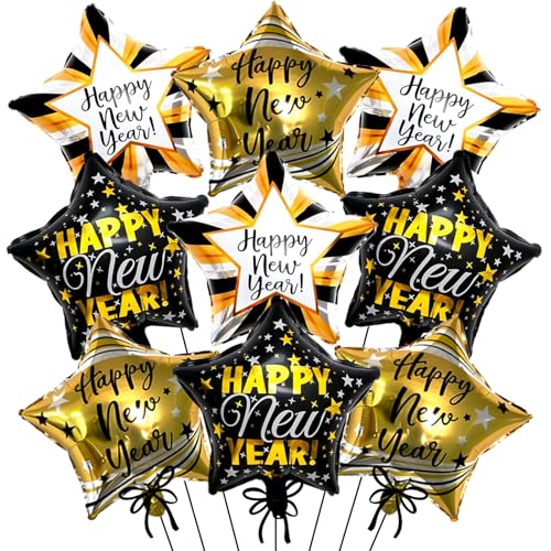 9pcs Happy New Year Balloons, Black and Gold Star Foil Balloon For 2026 New Years Eve Party Supplies