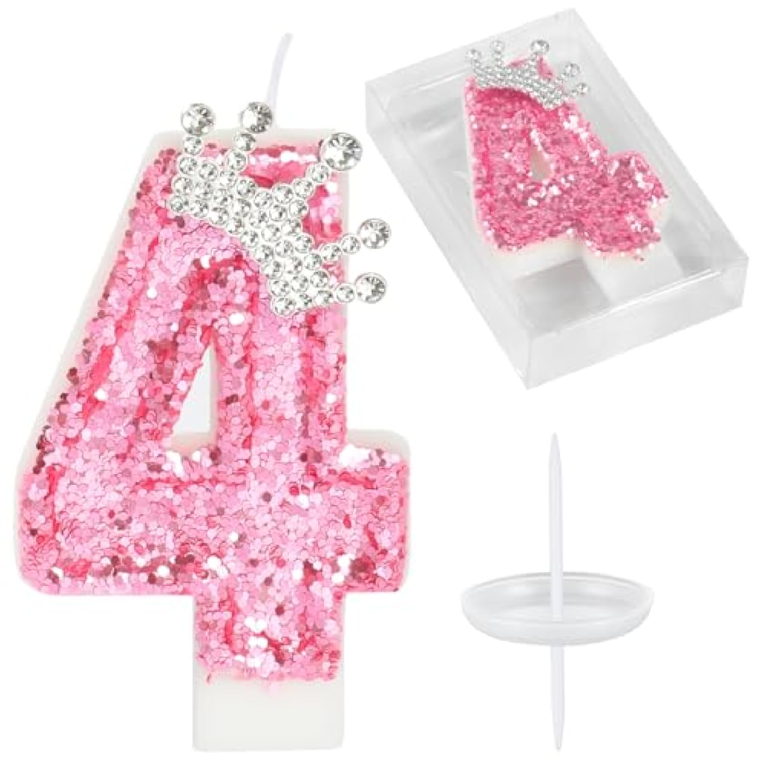 Birthday Number Candles,Pink Crown Birthday Candles For Cake,Glitter Number 4 Candle Cake Topper With Sequins For Girls,Women, Anniversary Celebrations Supplies (Pink 4)