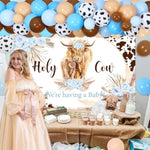 Highland Cow Baby Shower Decorations For Boy - Blue Balloon Garland Arch Kit With Holy Cow Backdrop, Boho Floral Highland Cattle Baby Shower Party Supplies